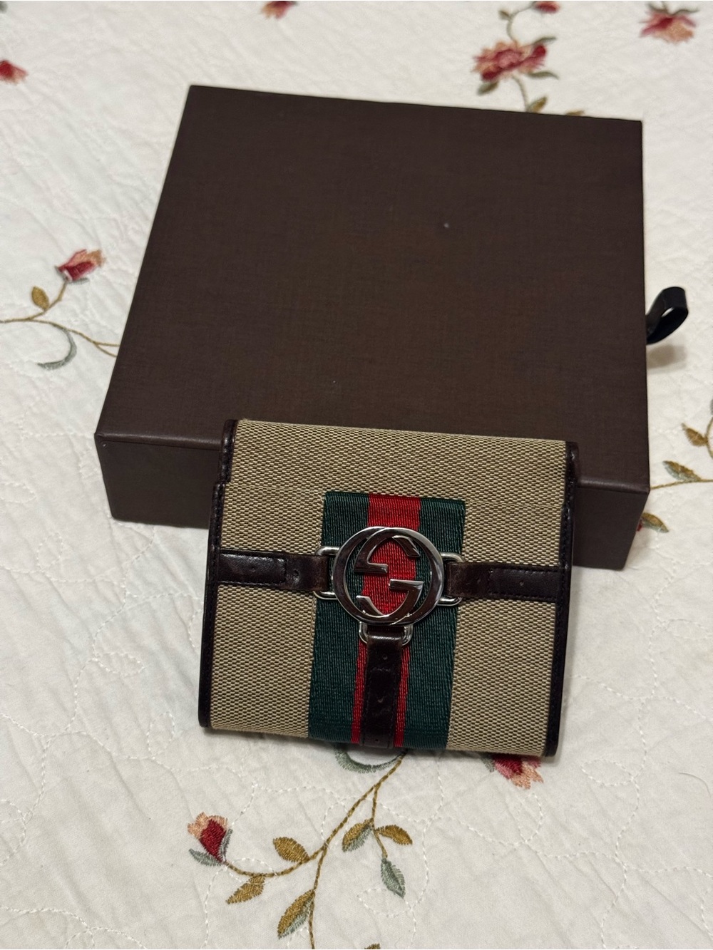 Gucci Beige Canvas Wallet with Green and Red Web Stripe